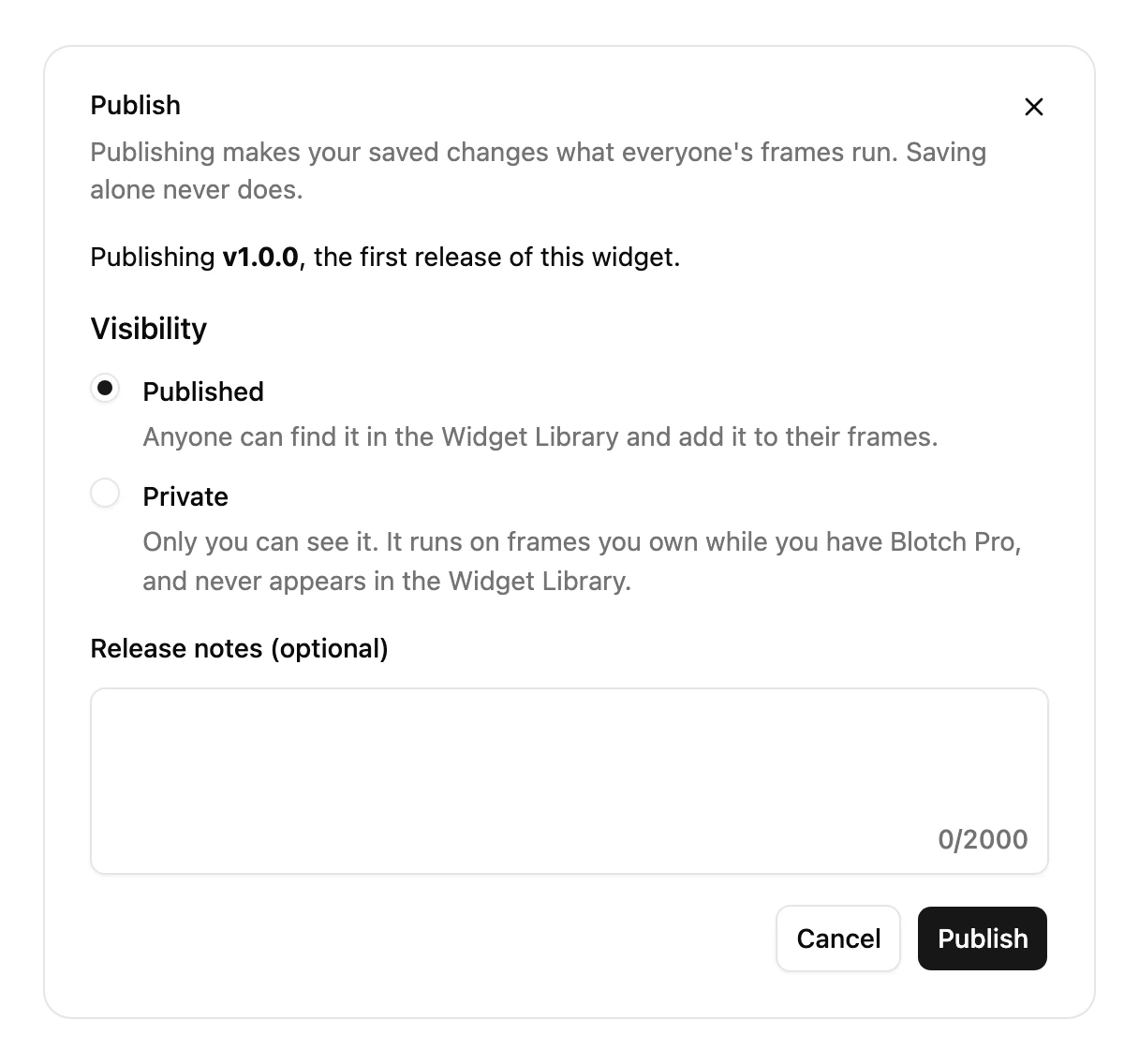 The Publish dialog, releasing version 1.0.0, with Published or Private to choose from and a Publish button