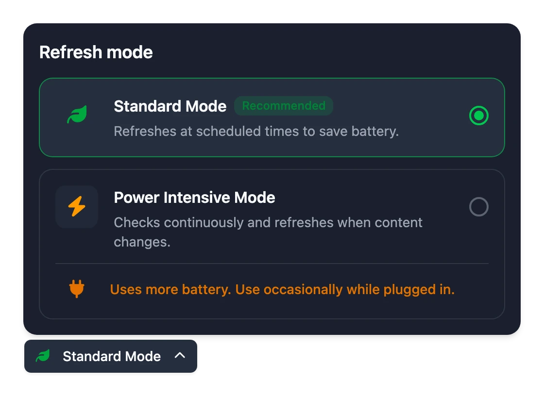 The refresh mode under the Frame's preview on the dashboard, with its menu open: Standard Mode and Power Intensive Mode