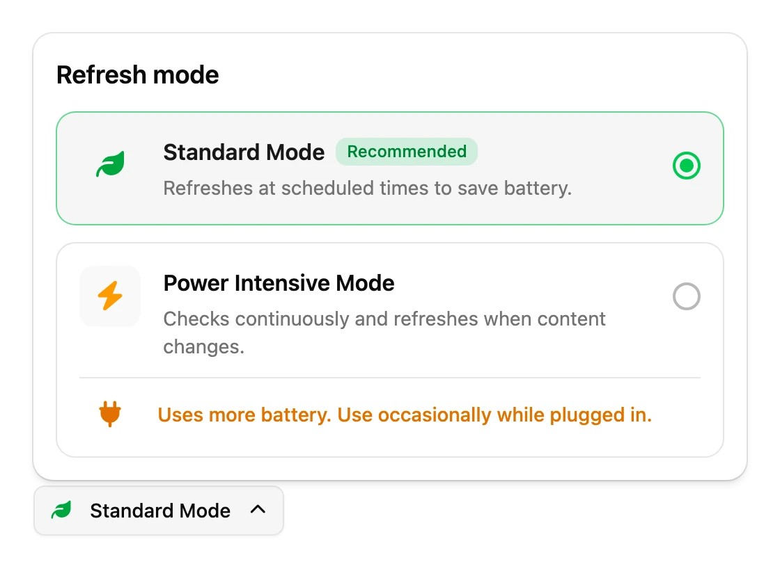 The refresh mode under the Frame's preview on the dashboard, with its menu open: Standard Mode and Power Intensive Mode
