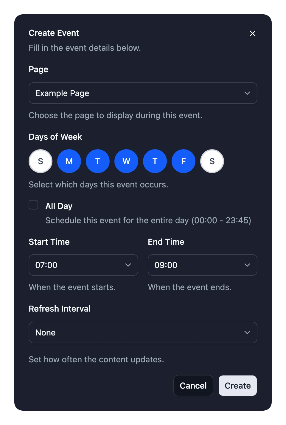 The dialog for a new event: its Page, Days of Week, Start Time, End Time, All Day and Refresh Interval, with a Create button