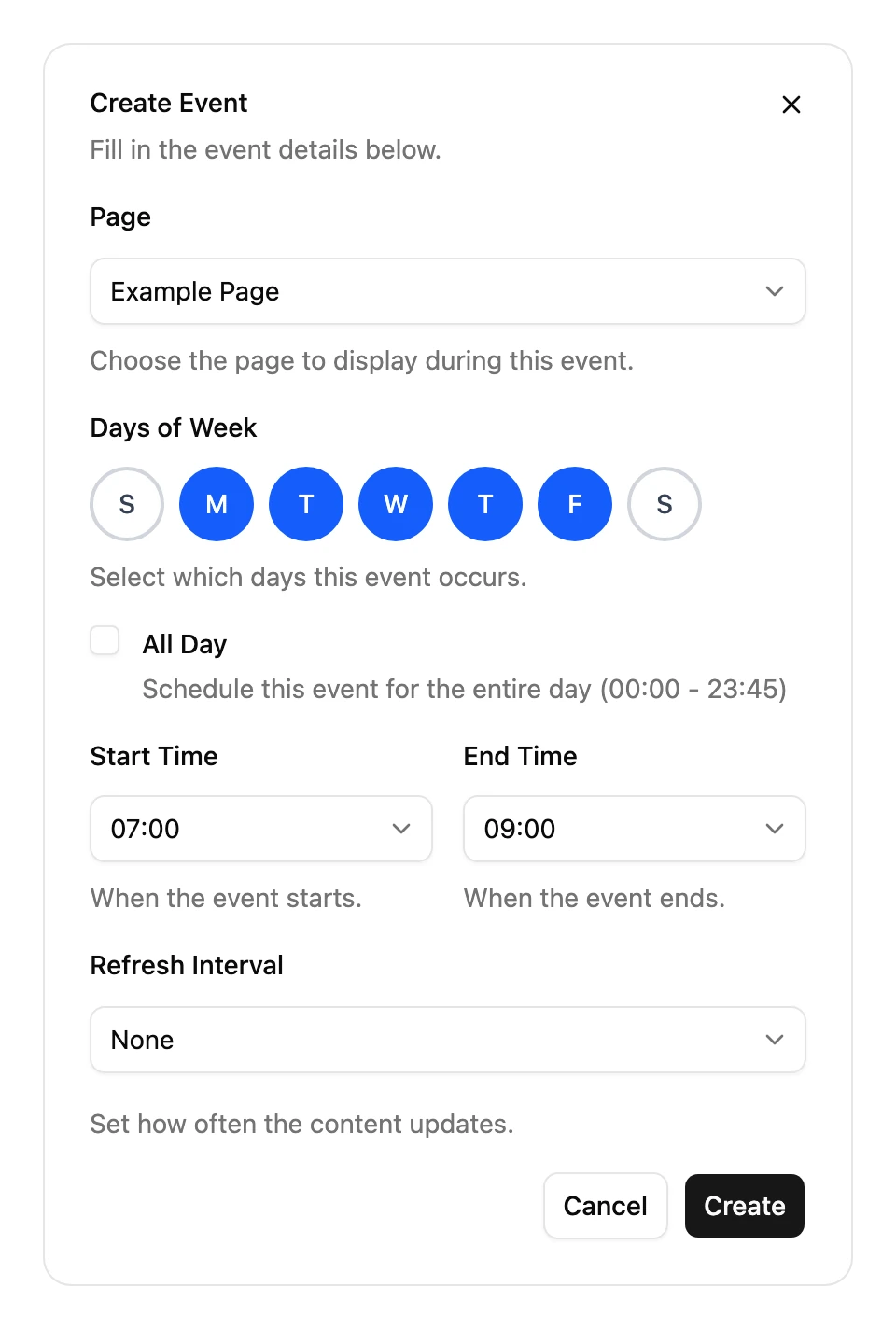 The dialog for a new event: its Page, Days of Week, Start Time, End Time, All Day and Refresh Interval, with a Create button