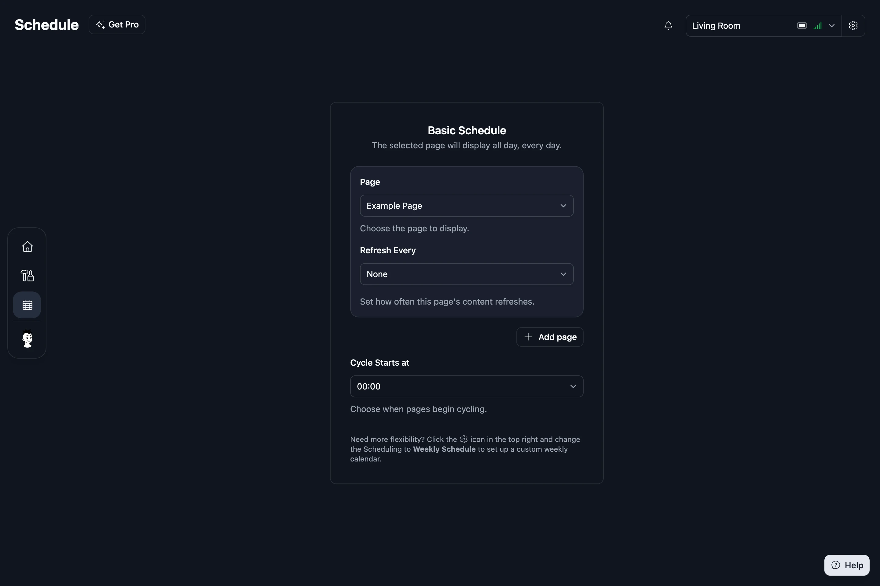 The Basic Schedule: a Page and how often it refreshes, with an Add page button