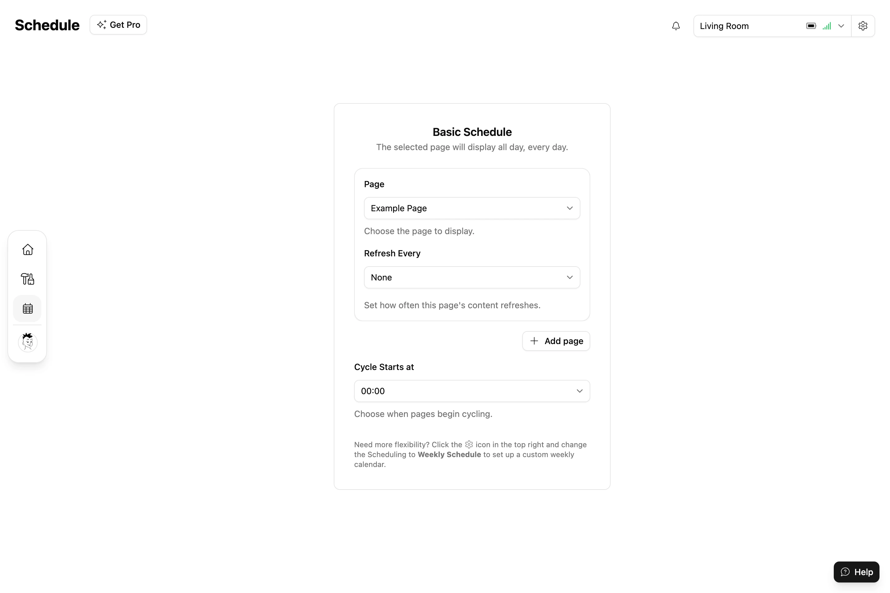 The Basic Schedule: a Page and how often it refreshes, with an Add page button