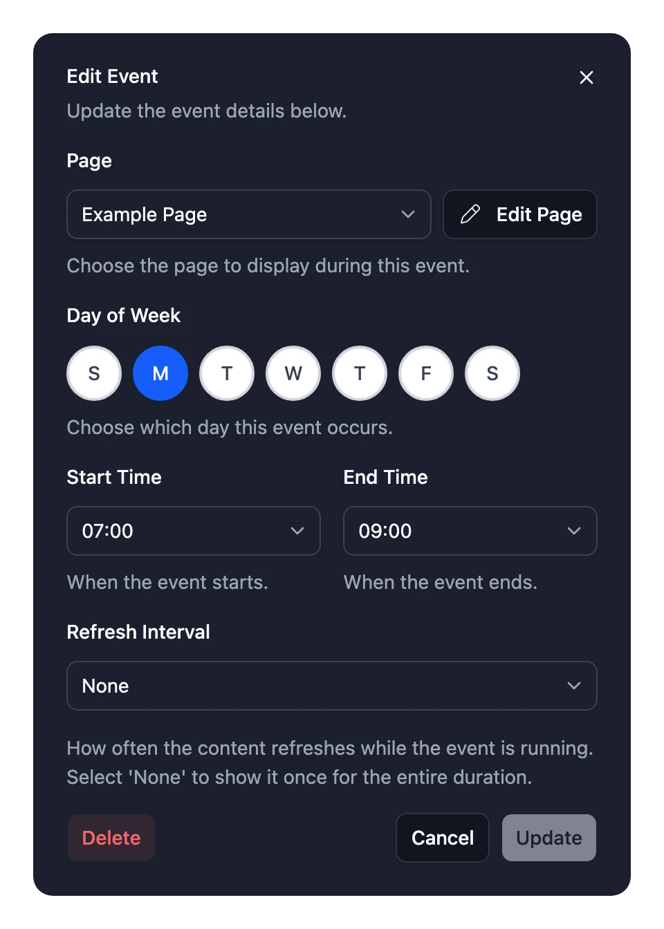 The Edit Event dialog, with Update and Delete buttons