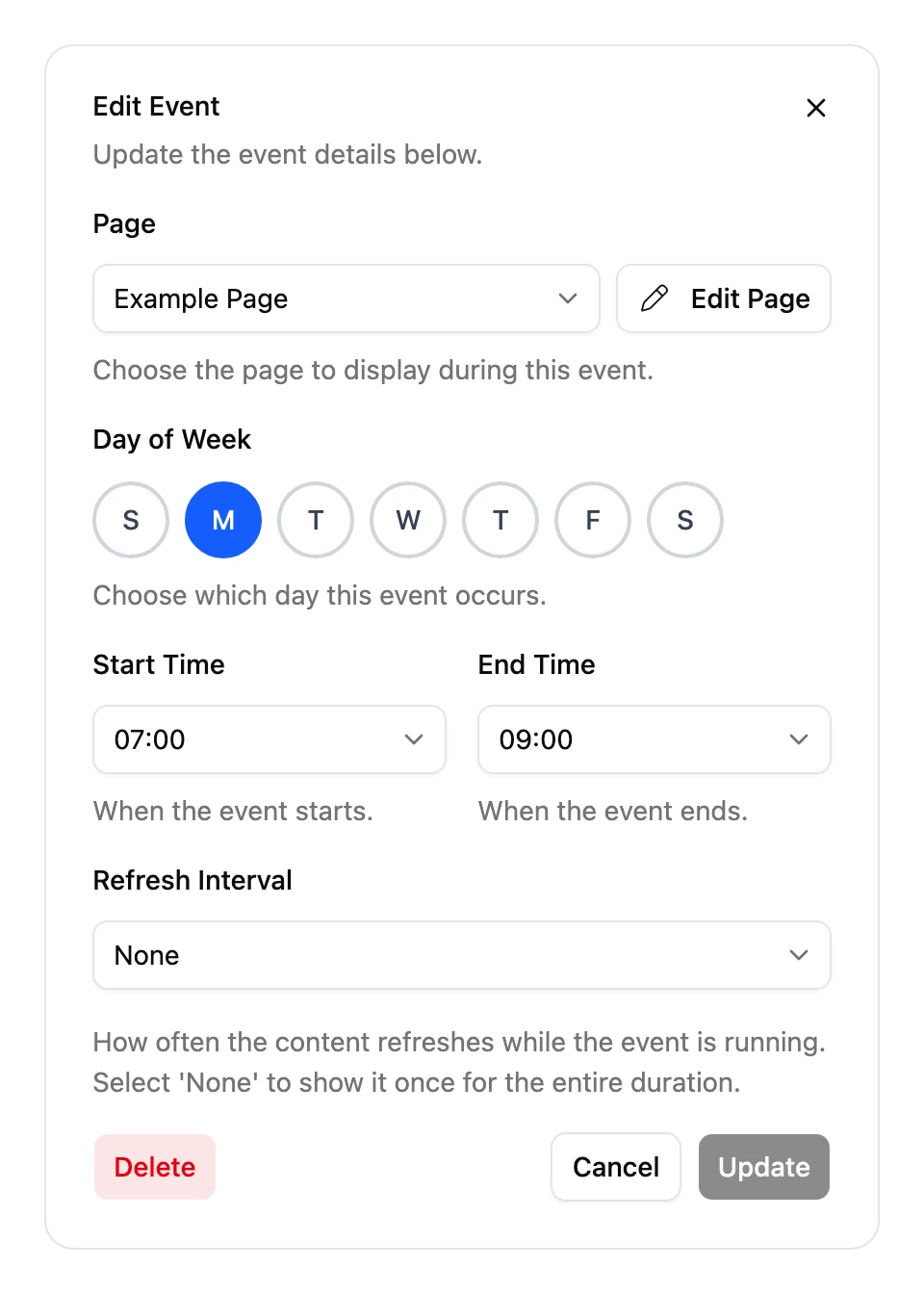 The Edit Event dialog, with Update and Delete buttons