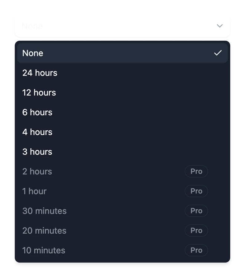 The Refresh Every list, from every 24 hours down to every 10 minutes, with the intervals that need Pro marked