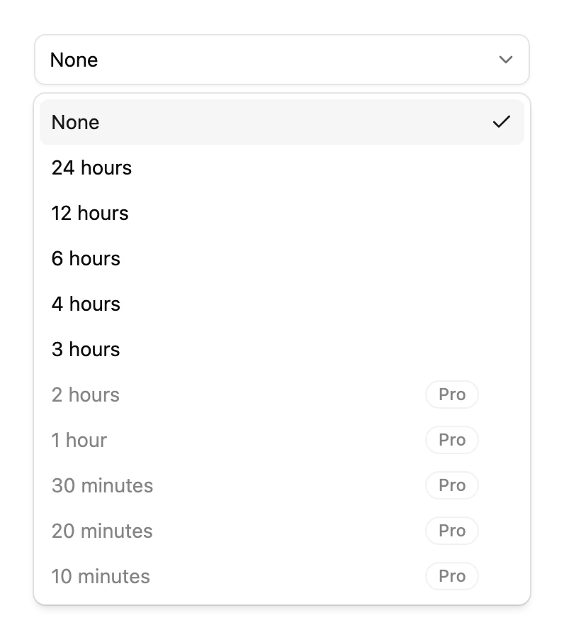 The Refresh Every list, from every 24 hours down to every 10 minutes, with the intervals that need Pro marked