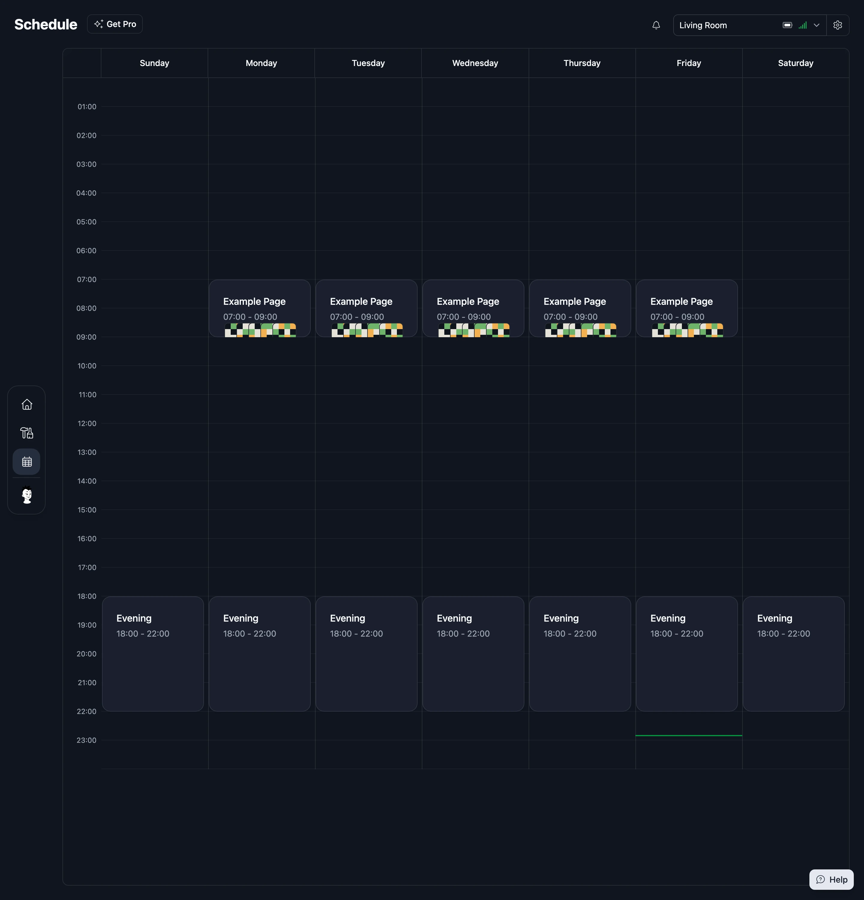 The Weekly Calendar, with the Example Page scheduled on weekday mornings