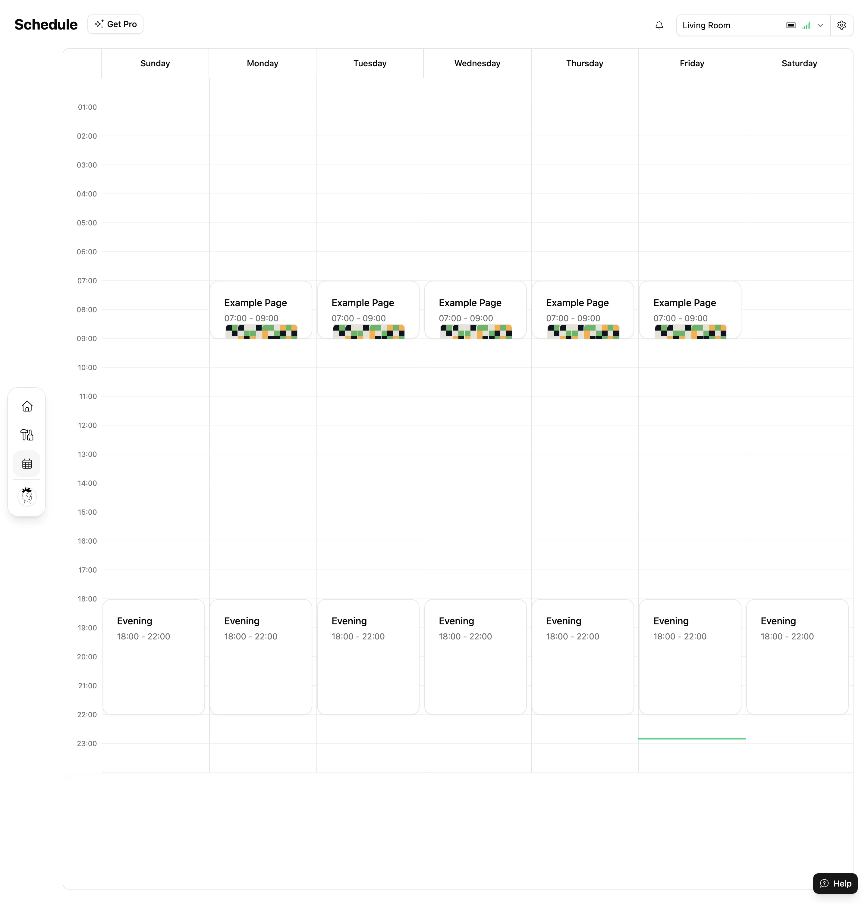 The Weekly Calendar, with the Example Page scheduled on weekday mornings