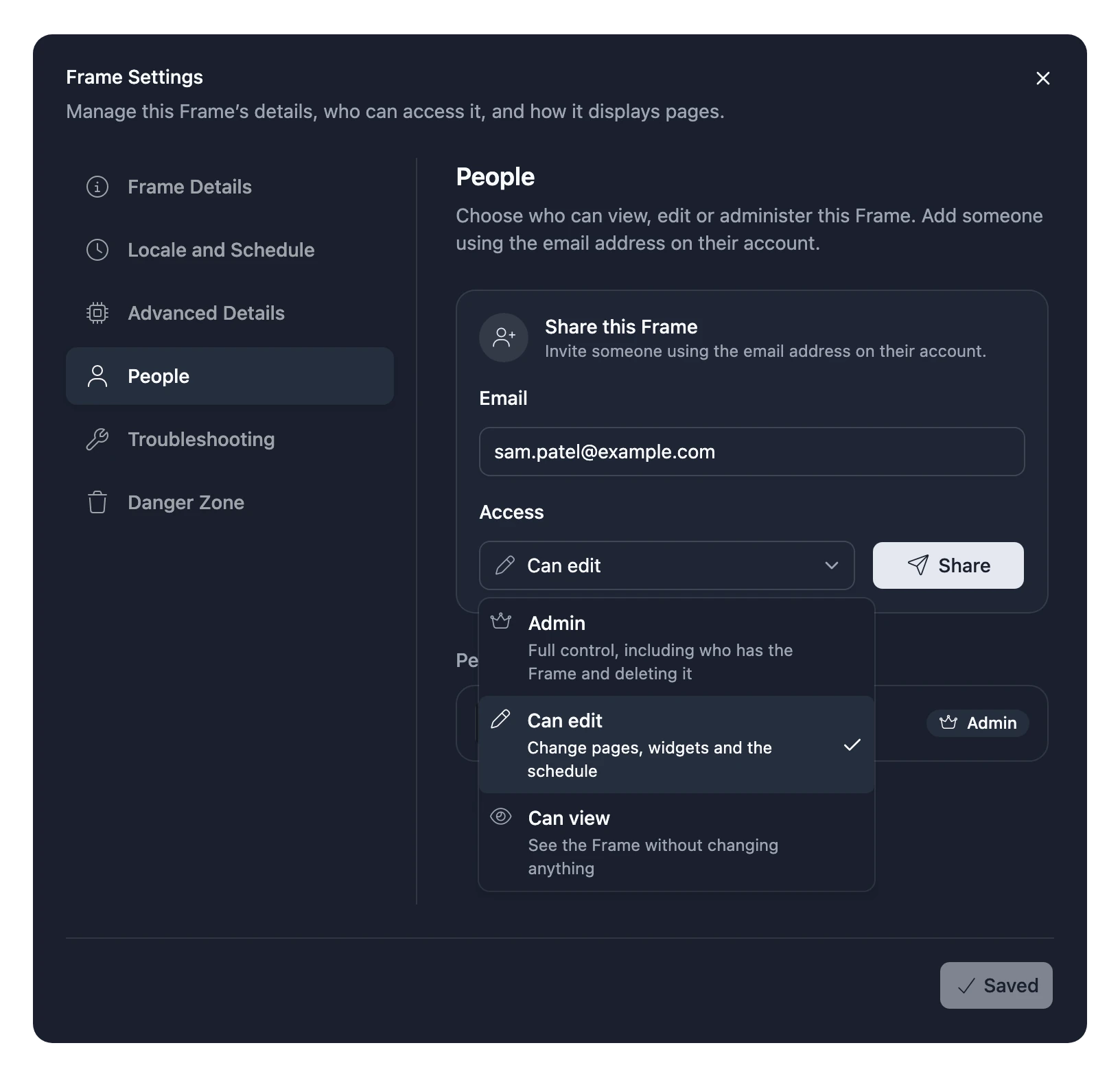 The People tab of Frame Settings: under Share this Frame, an email address, the Access list open on Admin, Can edit and Can view, and a Share button
