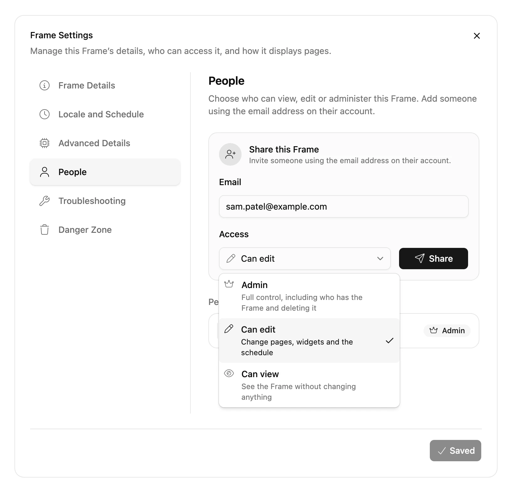 The People tab of Frame Settings: under Share this Frame, an email address, the Access list open on Admin, Can edit and Can view, and a Share button