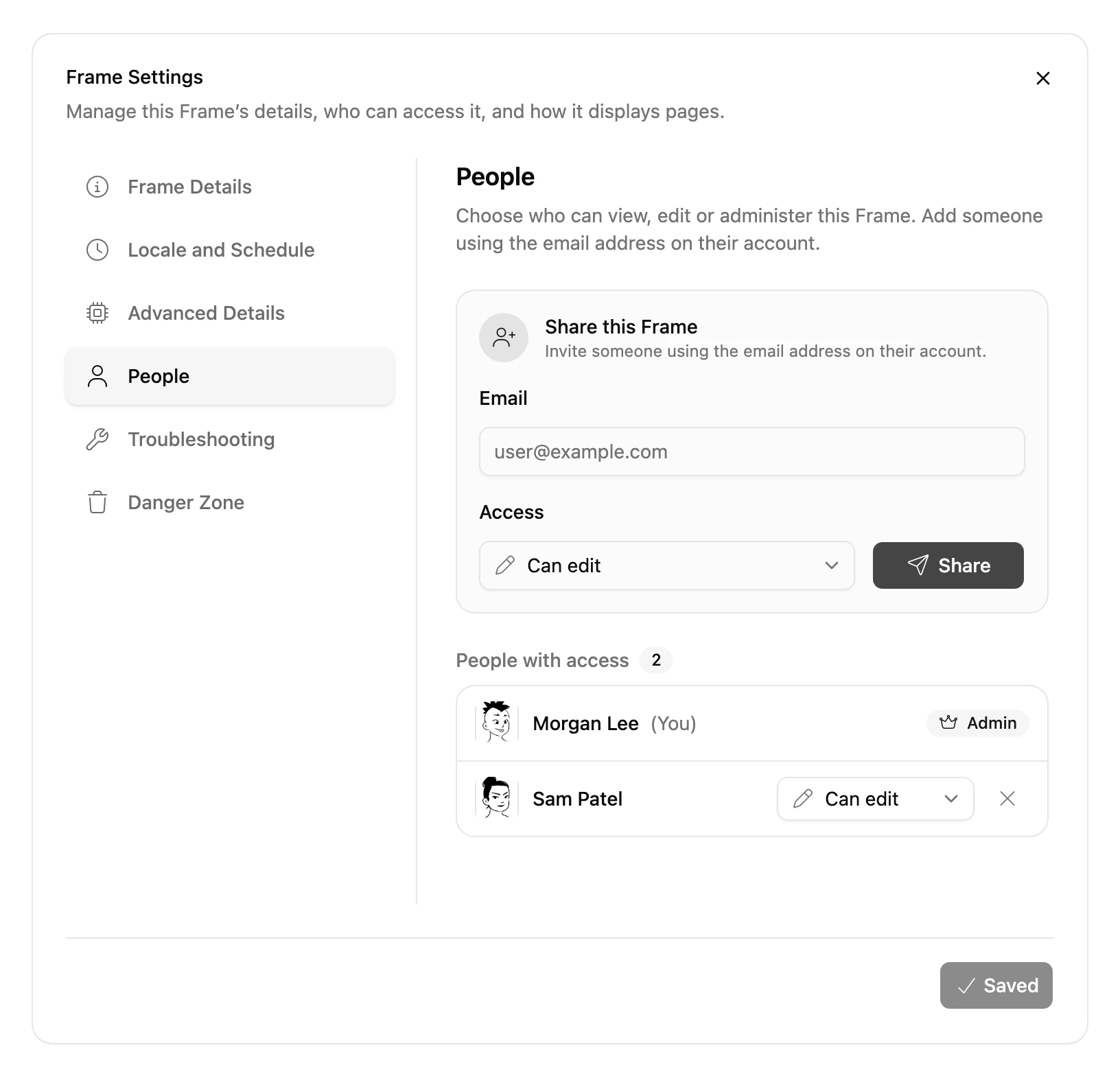 People with access on the People tab: the owner marked (You), and Sam Patel with a role beside their name and an × to remove them