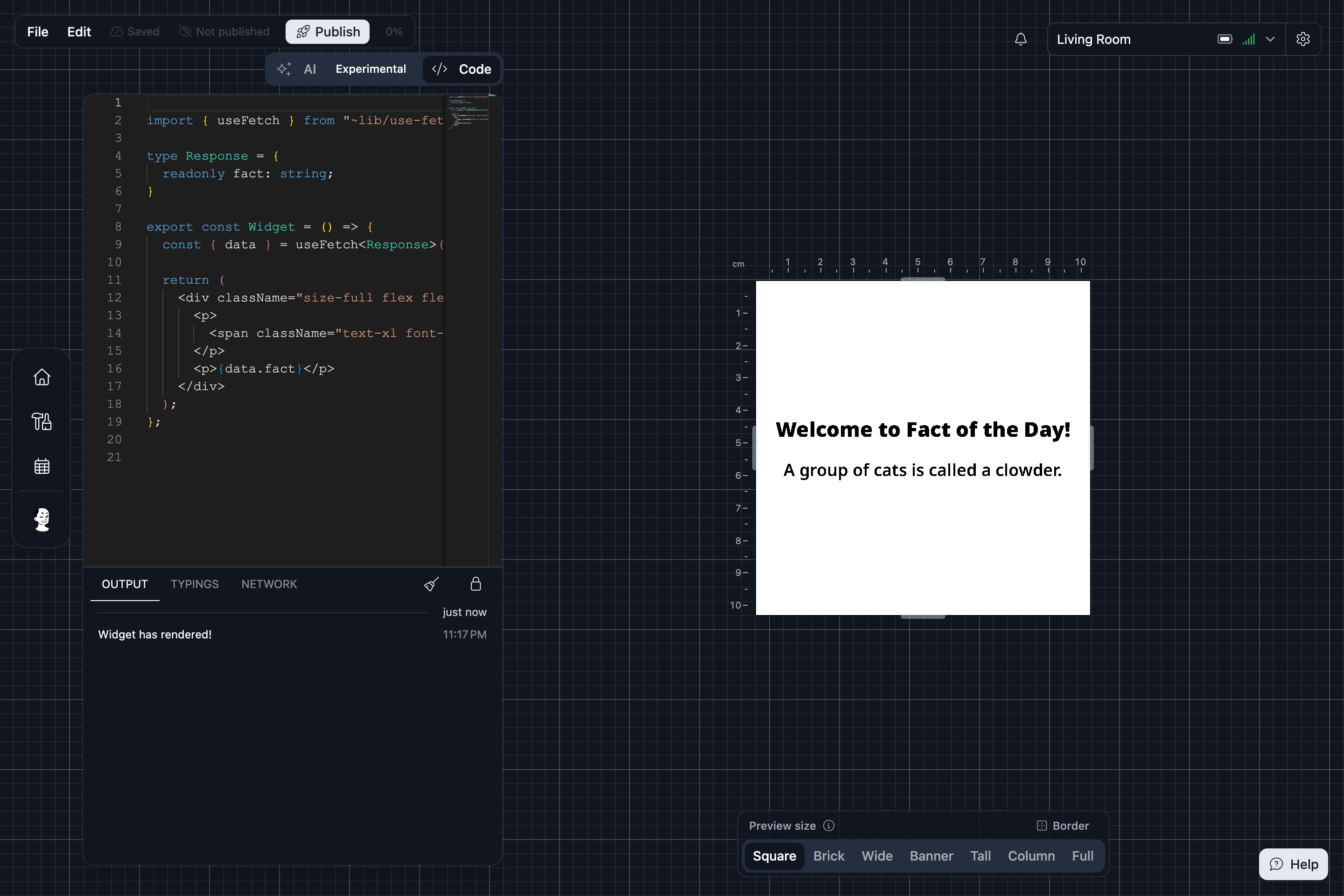 The Widget Studio: the Code tab with the Widget's code on the left, the Output panel under it, and the preview on the right