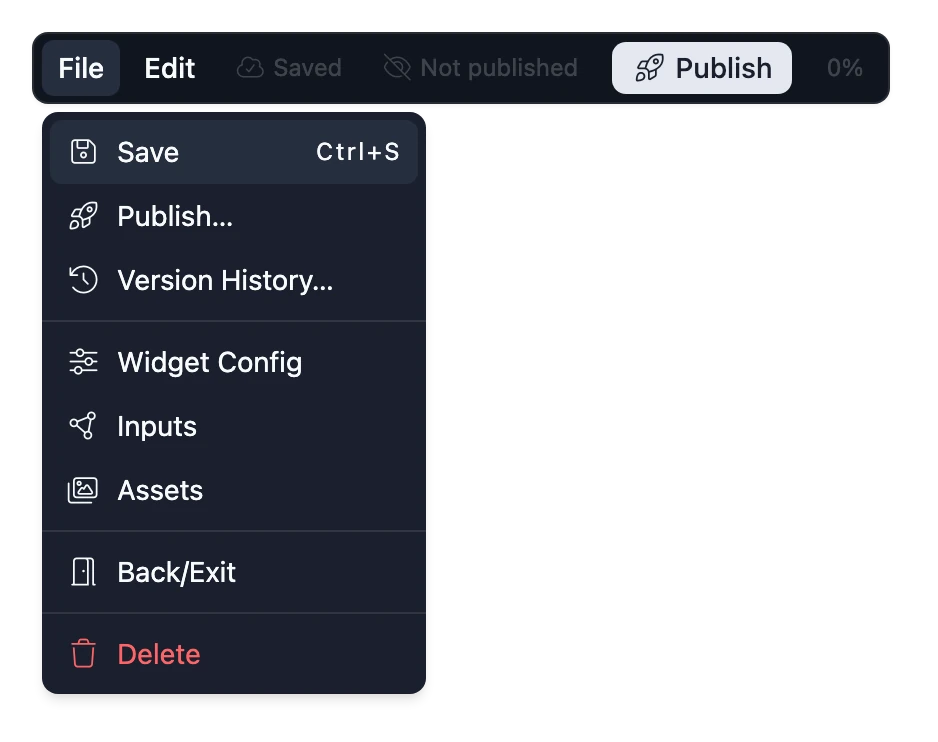 The File menu of the Widget Studio