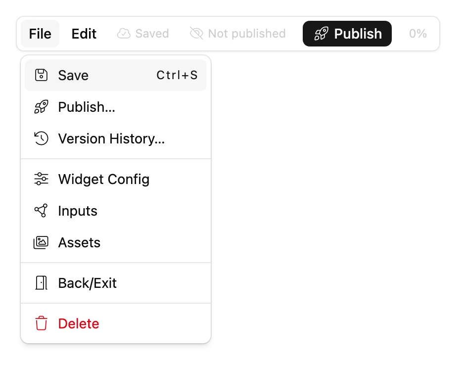 The File menu of the Widget Studio
