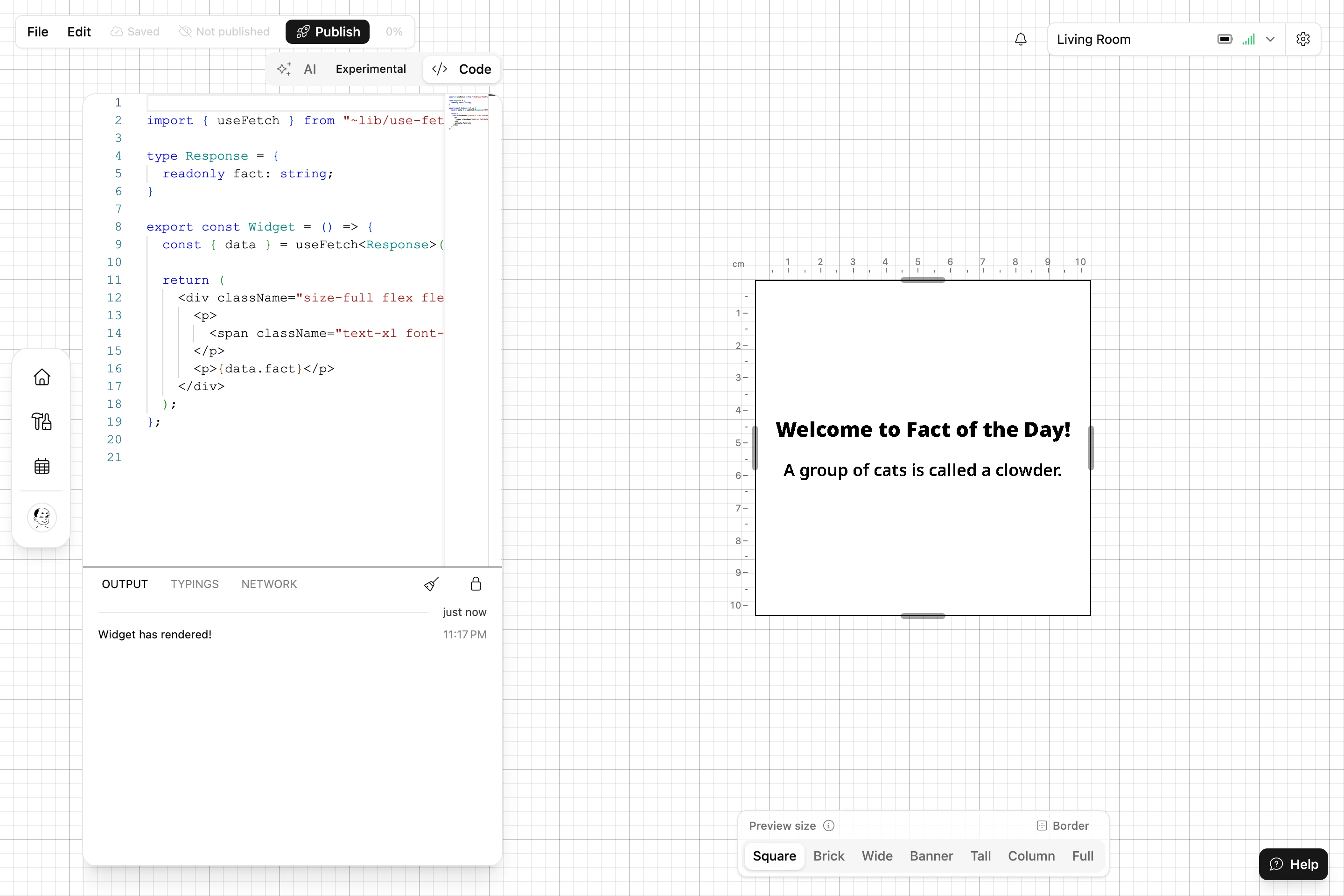 The Widget Studio: the Code tab with the Widget's code on the left, the Output panel under it, and the preview on the right