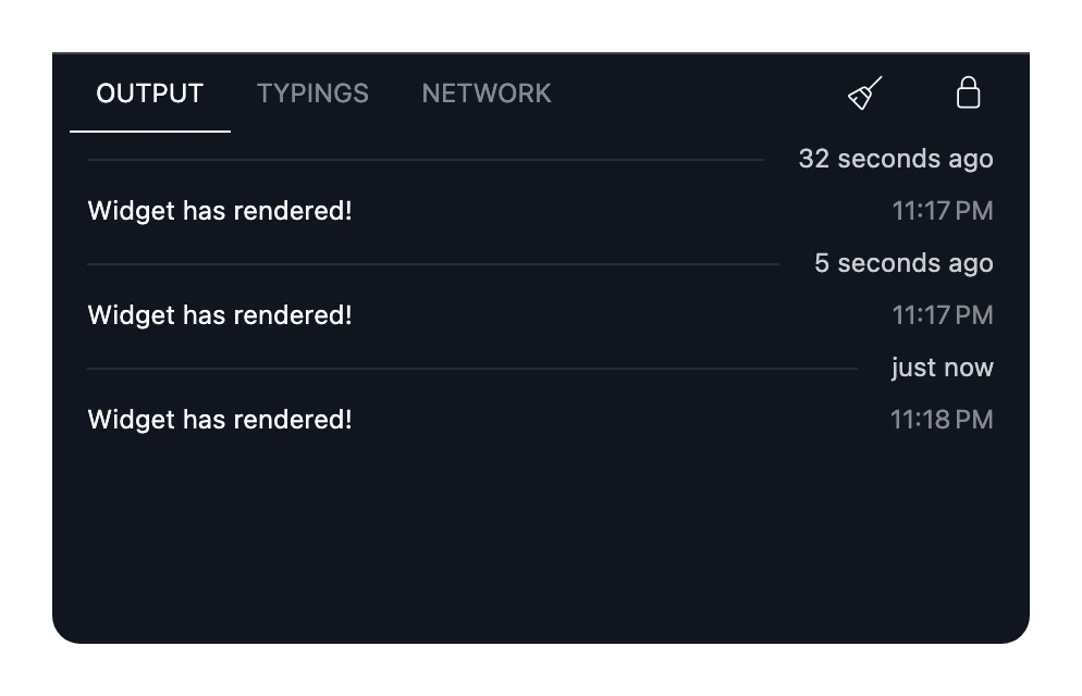 The panel under the editor, with its Output, Typings and Network tabs, a Clear logs button and the auto-scroll lock