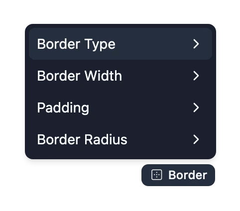 The Border menu above the preview, with Border Type, Border Width, Padding and Border Radius