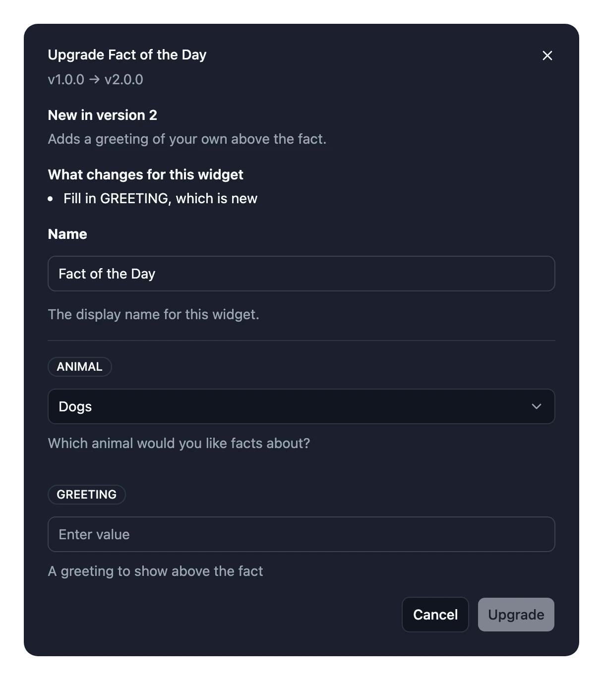 The Upgrade dialog: the creator's notes on what's new, what changes for this Widget, its settings with the new one to fill in, and an Upgrade button