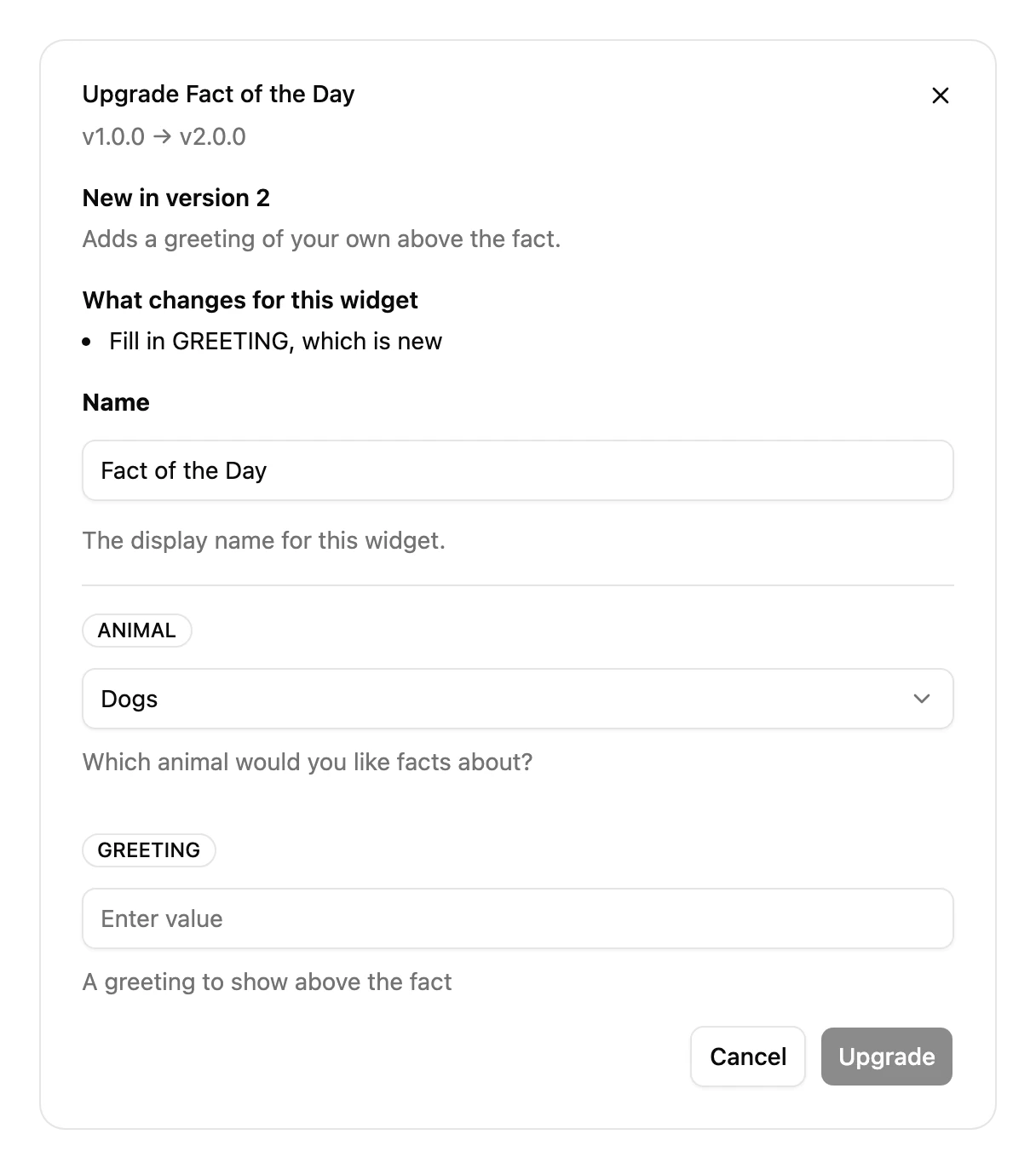 The Upgrade dialog: the creator's notes on what's new, what changes for this Widget, its settings with the new one to fill in, and an Upgrade button