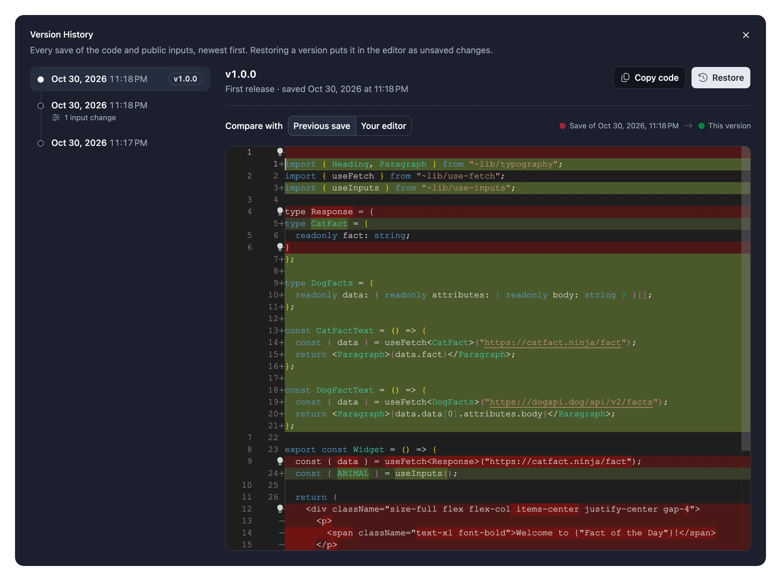 The Version History dialog, listing every save with what changed and a Restore button beside each