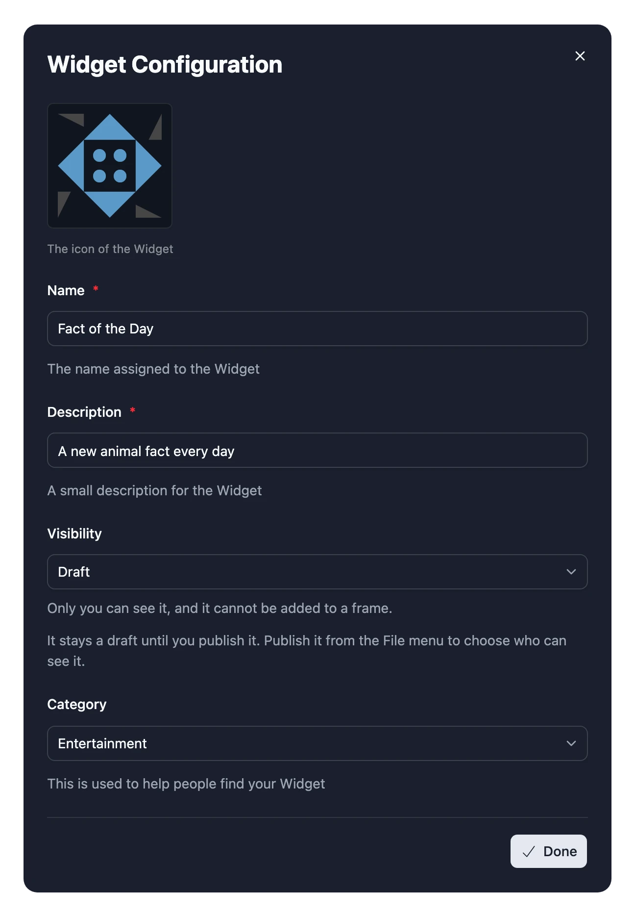 The Widget Configuration dialog: the icon, name, description, visibility and category