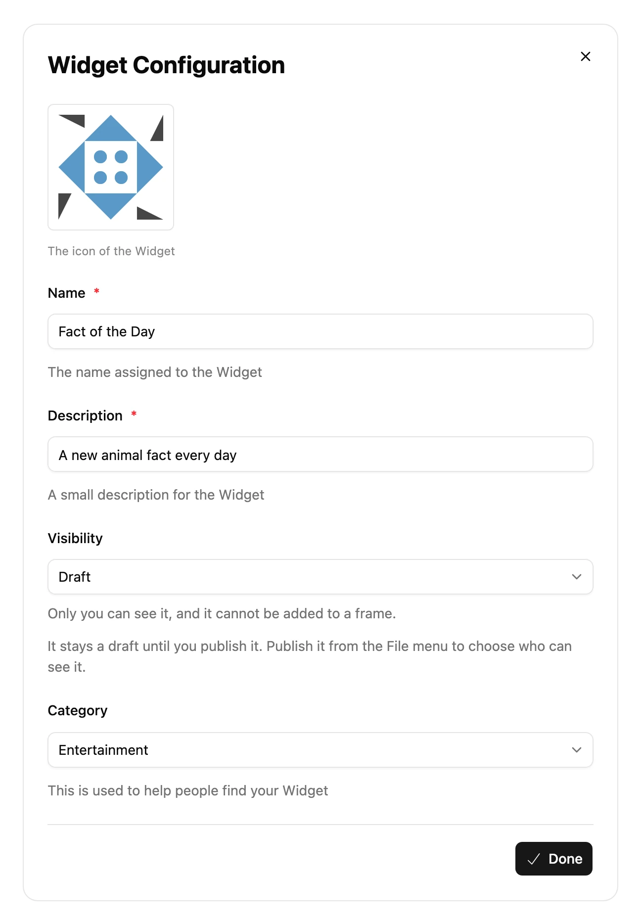 The Widget Configuration dialog: the icon, name, description, visibility and category