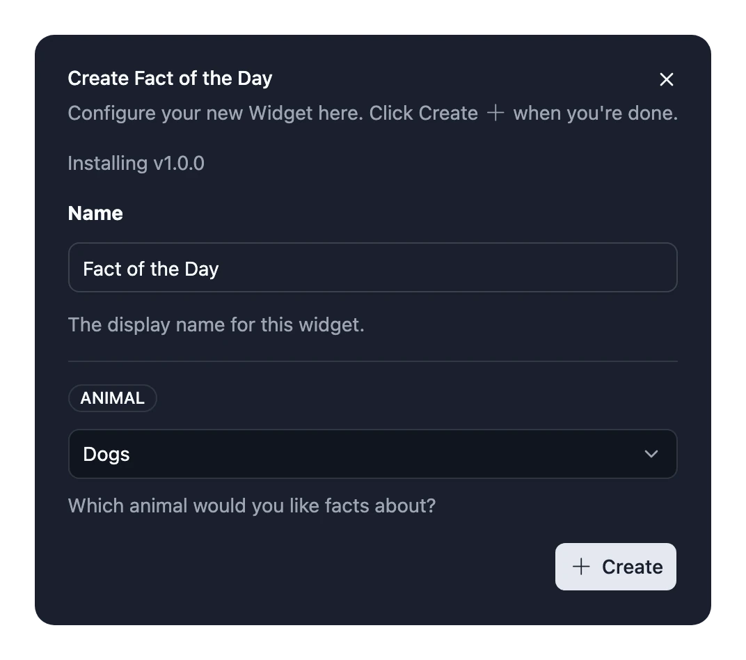 The dialog for a new install of the Fact of the Day Widget, asking for its settings, with a Create button