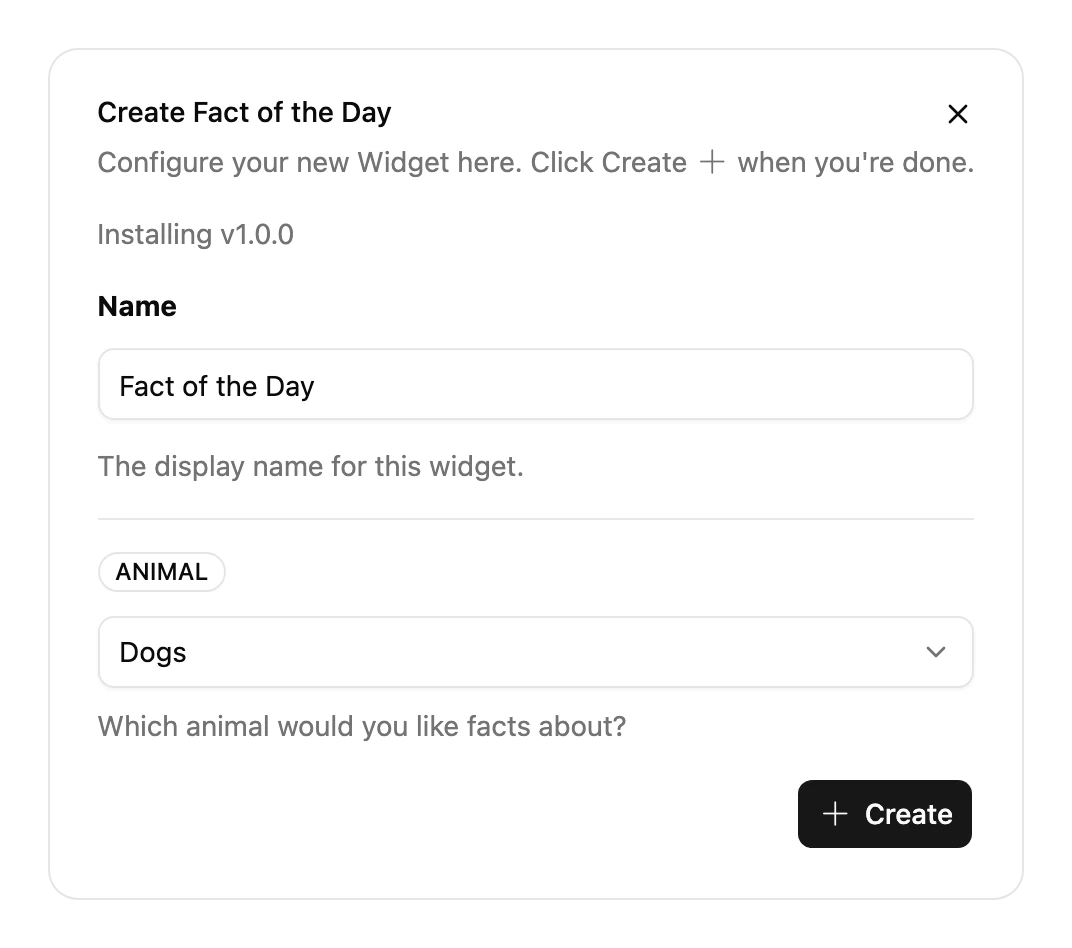 The dialog for a new install of the Fact of the Day Widget, asking for its settings, with a Create button