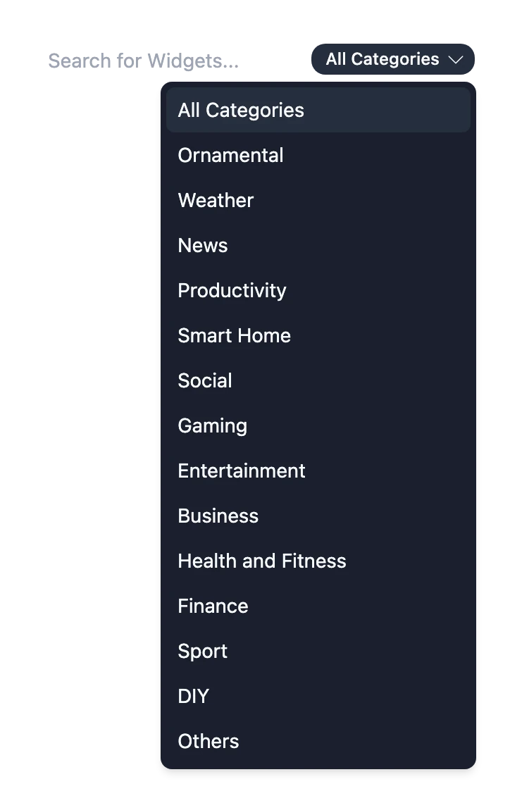 The search box of the Widget Library, with the category list open beside it
