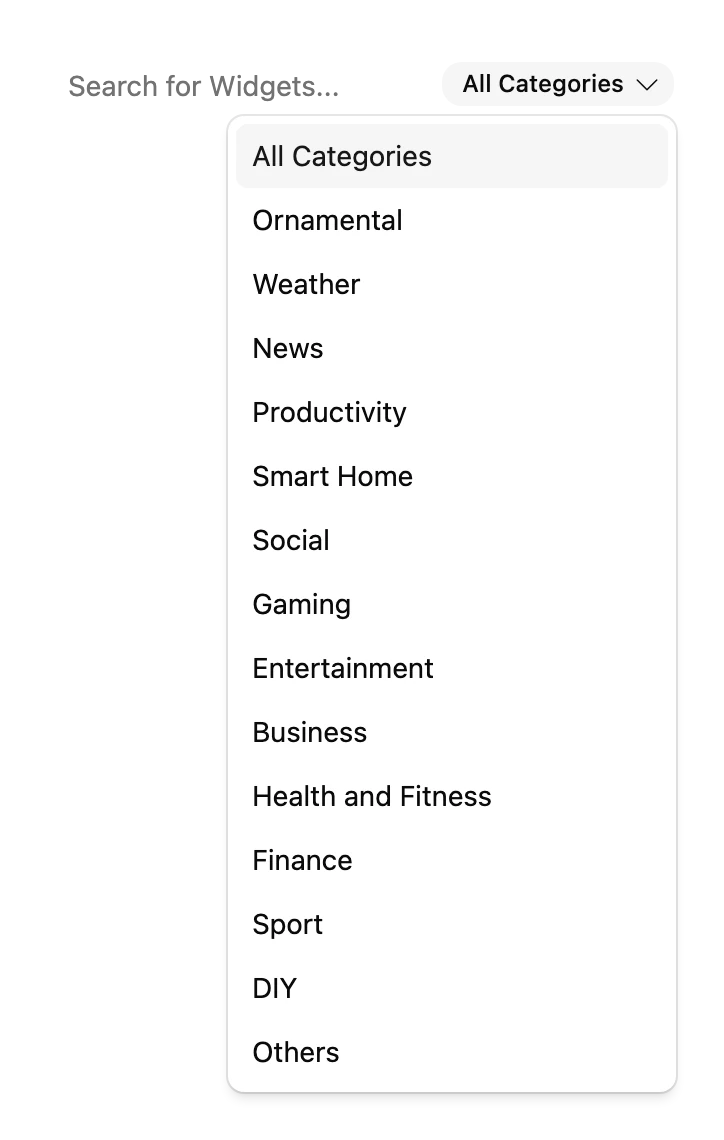 The search box of the Widget Library, with the category list open beside it