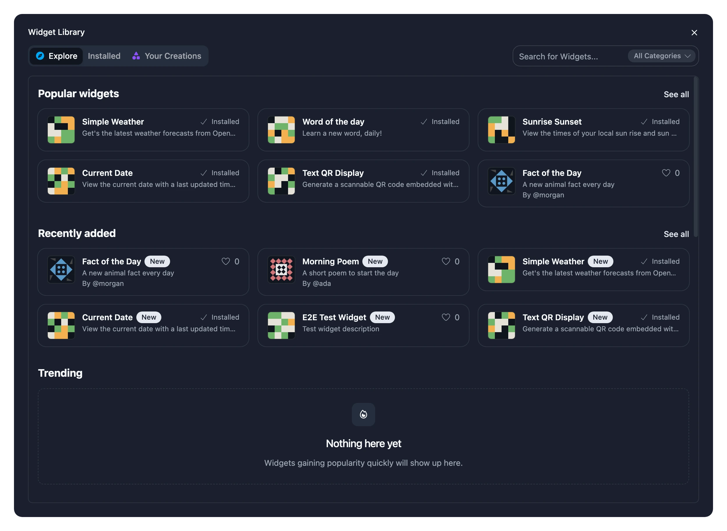 The Widget Library, open on its Explore tab: a search box and a category menu above shelves of Widgets