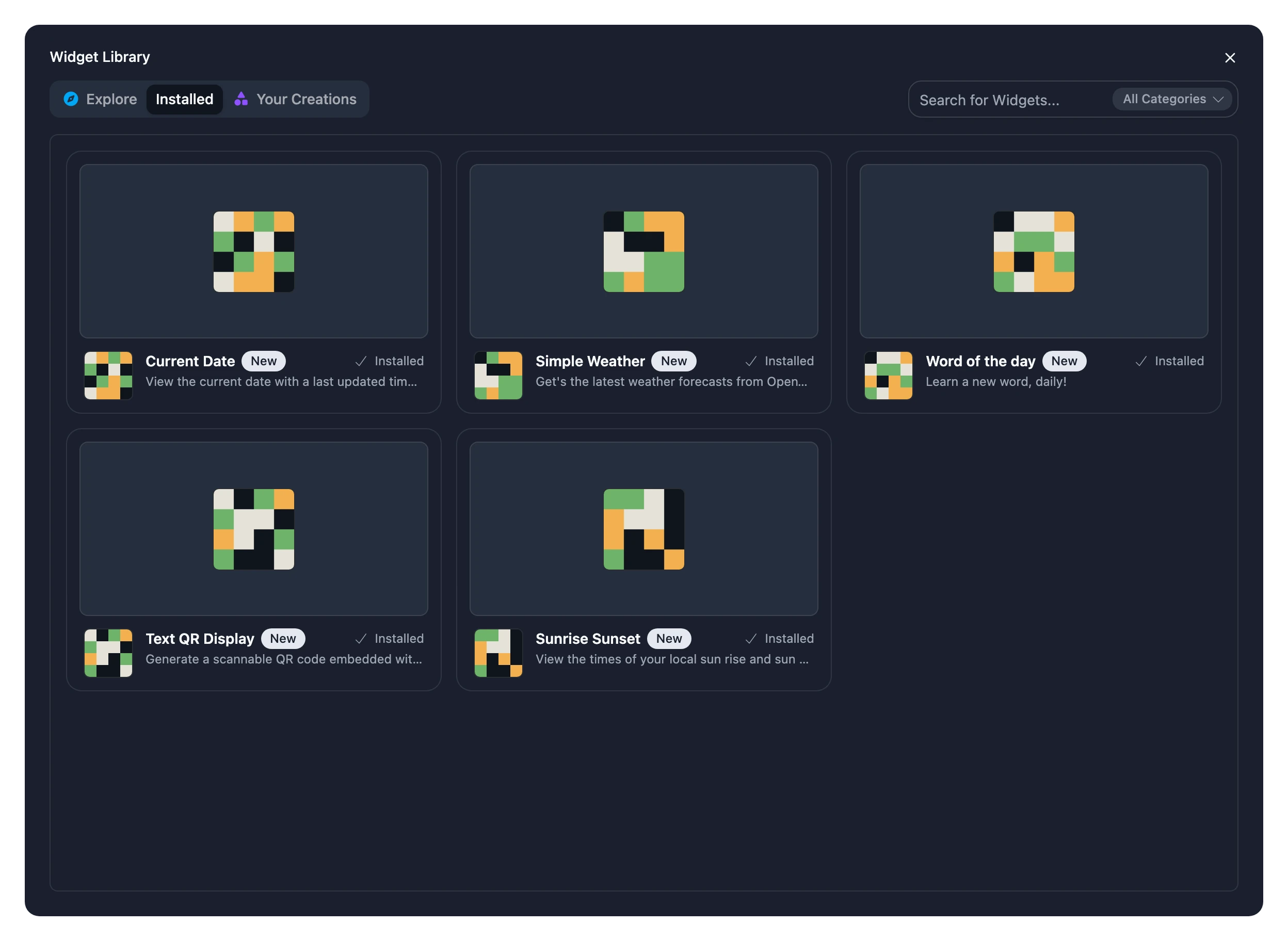 The Installed tab of the Widget Library, listing every Widget installed on the Frame