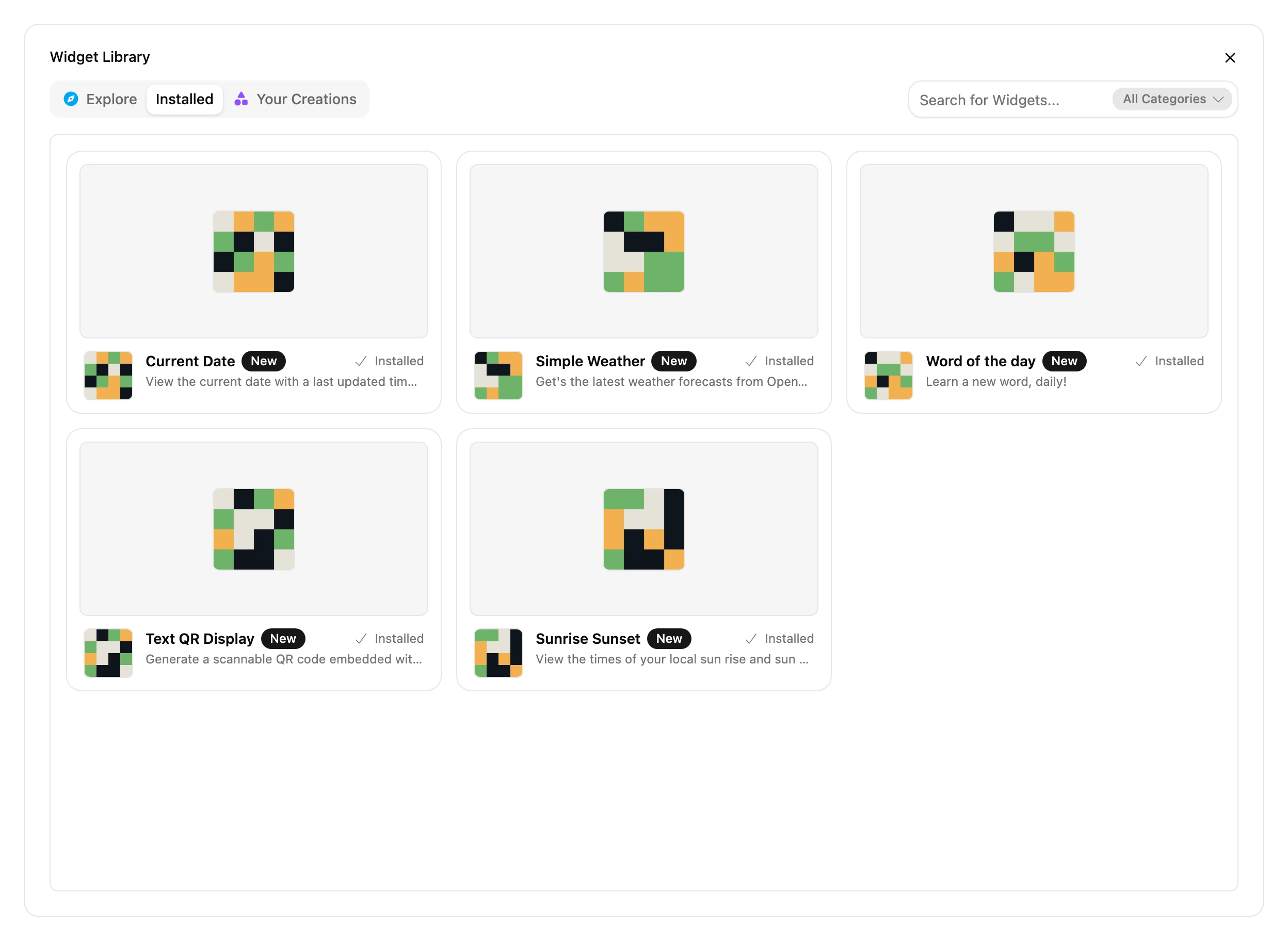 The Installed tab of the Widget Library, listing every Widget installed on the Frame