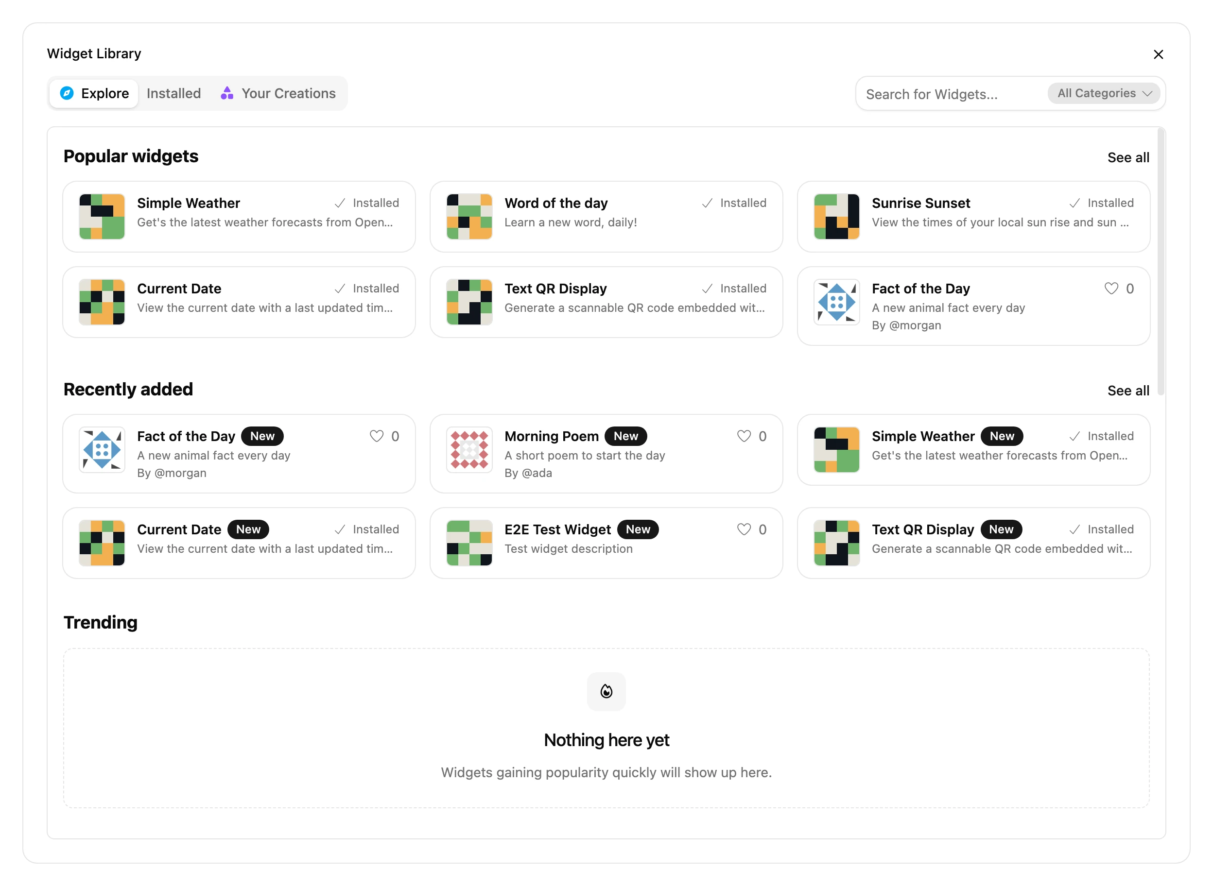 The Widget Library, open on its Explore tab: a search box and a category menu above shelves of Widgets