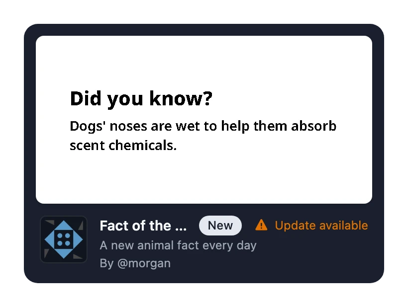 The Widget's card on the Installed tab of the Widget Library, marked Update available