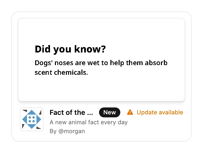 The Widget's card on the Installed tab of the Widget Library, marked Update available