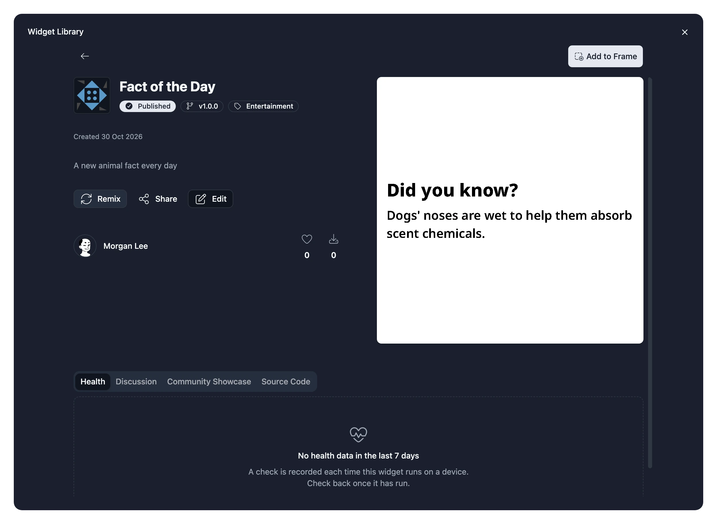 A Widget's page in the Widget Library: its previews, what it does and who made it, with an Add to Frame button