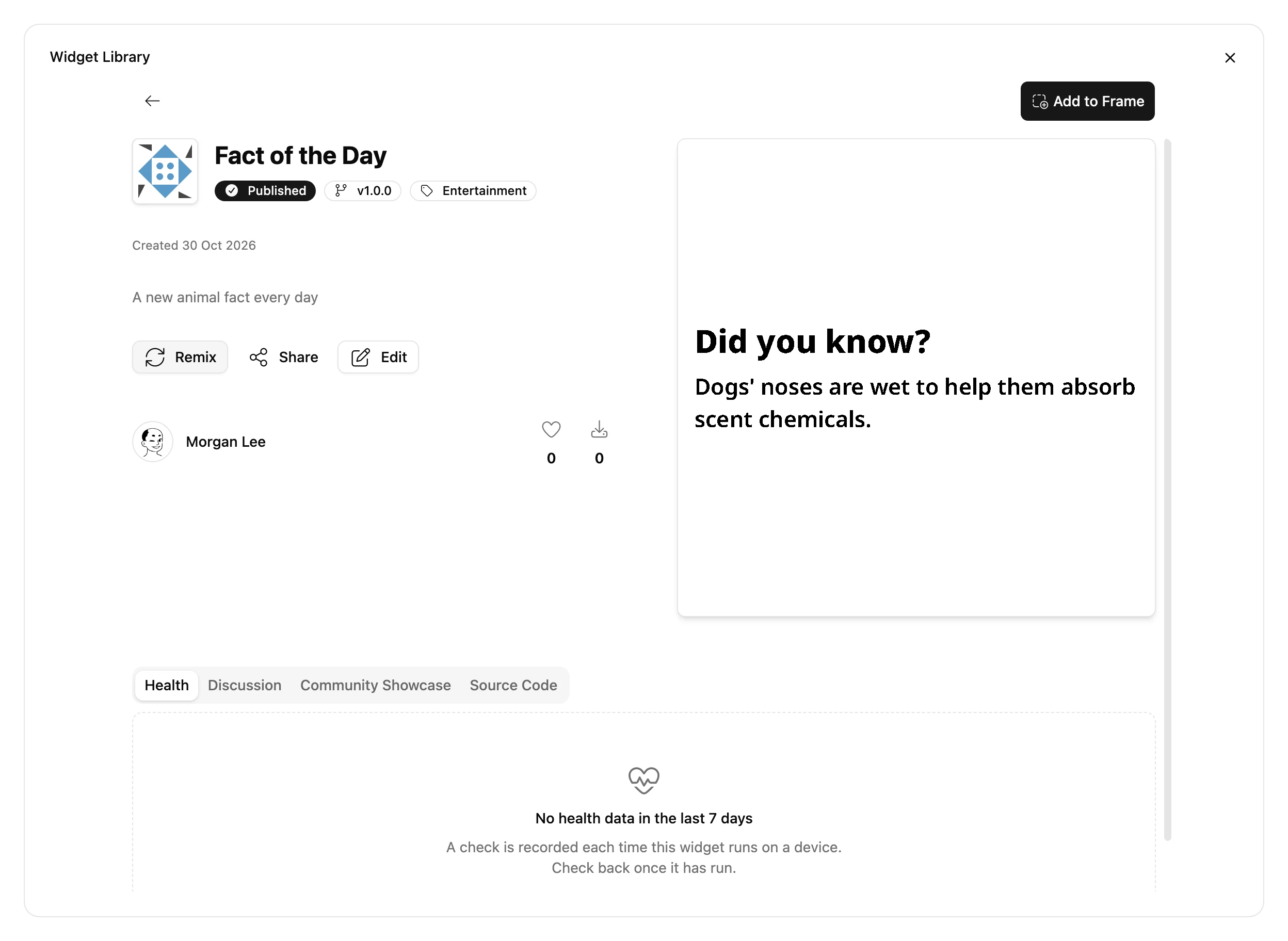 A Widget's page in the Widget Library: its previews, what it does and who made it, with an Add to Frame button
