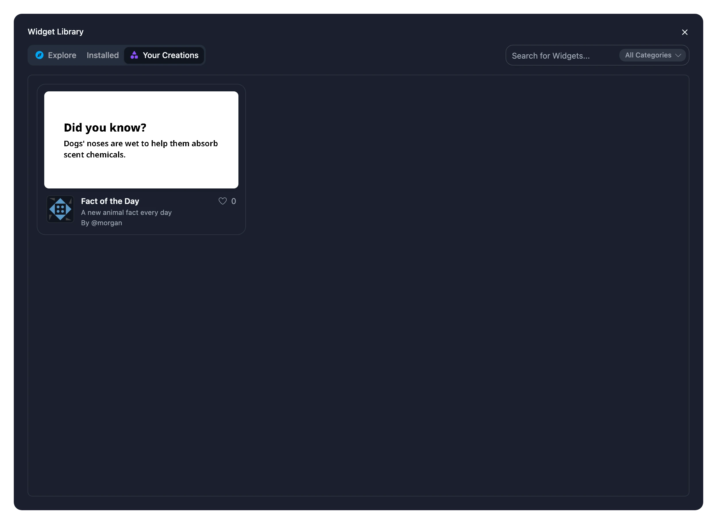 The Your Creations tab of the Widget Library, showing Fact of the Day